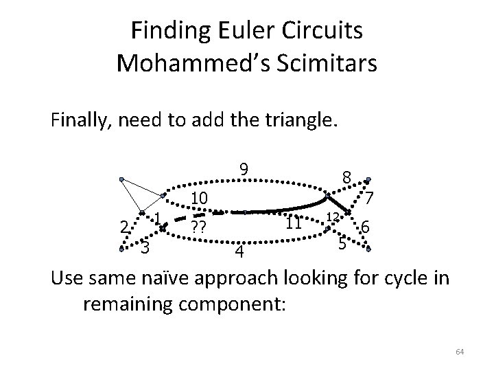 Finding Euler Circuits Mohammed’s Scimitars Finally, need to add the triangle. 9 8 10 Finding Euler Circuits Mohammed’s Scimitars Finally, need to add the triangle. 9 8 10