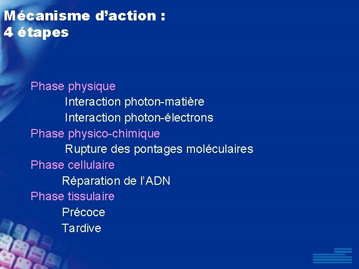 Mécanisme d’action : 4 étapes Phase physique Interaction photon-matière Interaction photon-électrons Phase physico-chimique Rupture