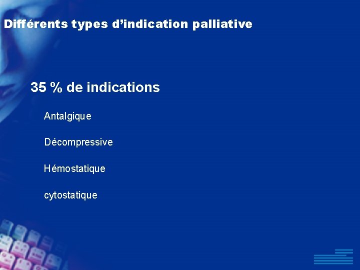 Différents types d’indication palliative 35 % de indications Antalgique Décompressive Hémostatique cytostatique 