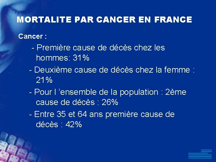 MORTALITE PAR CANCER EN FRANCE Cancer : - Première cause de décès chez les