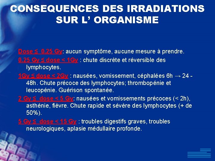 CONSEQUENCES DES IRRADIATIONS SUR L’ ORGANISME Dose ≤ 0. 25 Gy: aucun symptôme, aucune