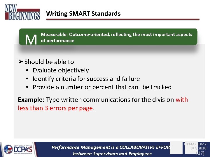 Writing SMART Standards M Measurable: Outcome-oriented, reflecting the most important aspects of performance Should