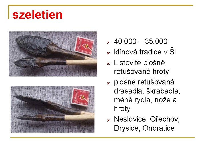szeletien 40. 000 – 35. 000 klínová tradice v ŠI Listovité plošně retušované hroty