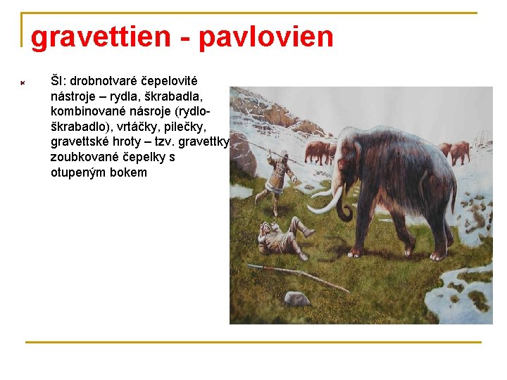 gravettien - pavlovien ŠI: drobnotvaré čepelovité nástroje – rydla, škrabadla, kombinované násroje (rydloškrabadlo), vrtáčky,