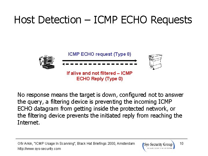 Host Detection – ICMP ECHO Requests ICMP ECHO request (Type 8) If alive and