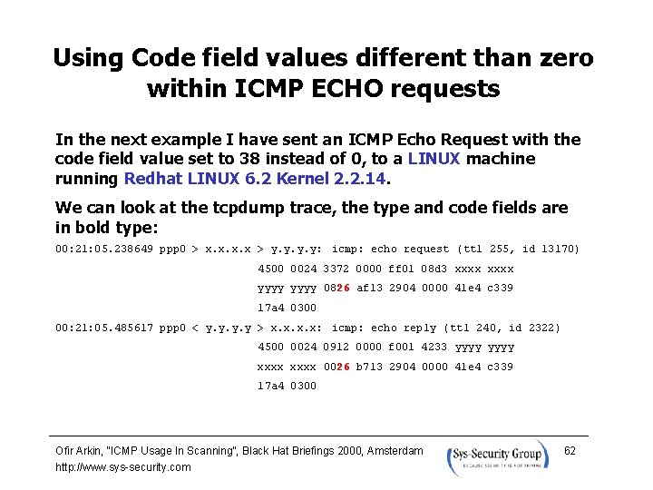 Using Code field values different than zero within ICMP ECHO requests In the next