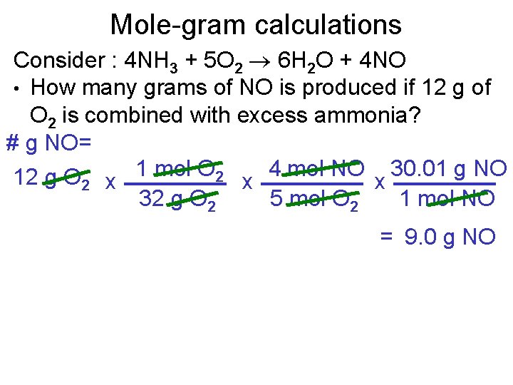 Mole-gram calculations Consider : 4 NH 3 + 5 O 2 6 H 2