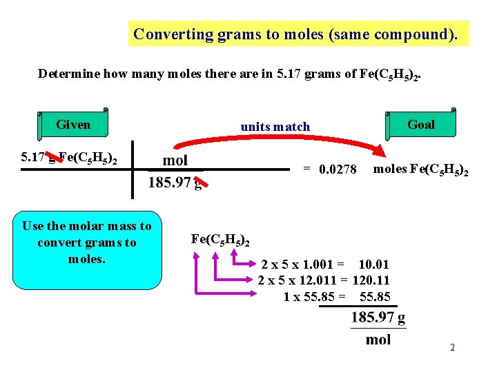 Converting grams to moles (same compound). Determine how many moles there are in 5.