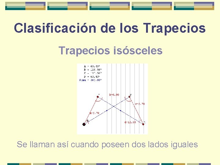 Clasificación de los Trapecios isósceles Se llaman así cuando poseen dos lados iguales 