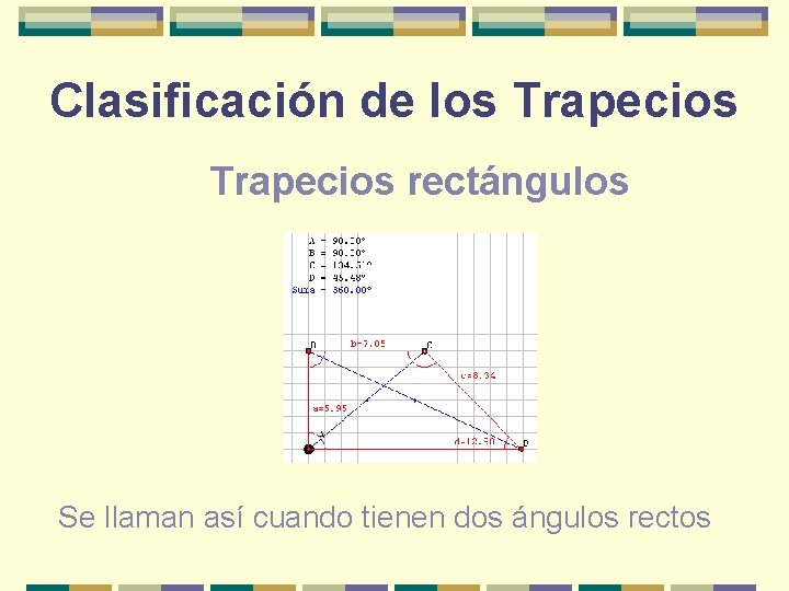 Clasificación de los Trapecios rectángulos Se llaman así cuando tienen dos ángulos rectos 
