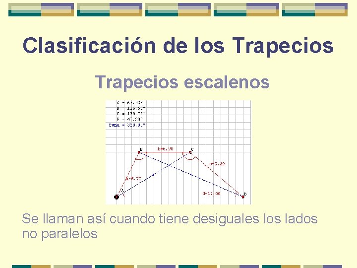 Clasificación de los Trapecios escalenos Se llaman así cuando tiene desiguales los lados no