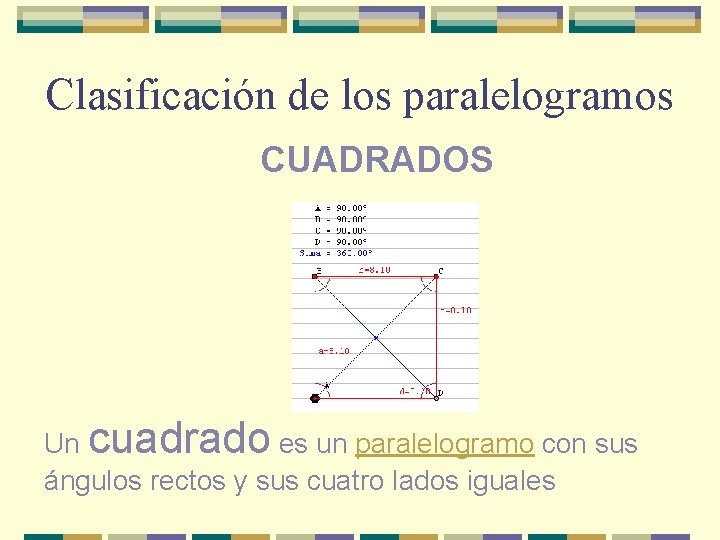 Clasificación de los paralelogramos CUADRADOS Un cuadrado es un paralelogramo con sus ángulos rectos