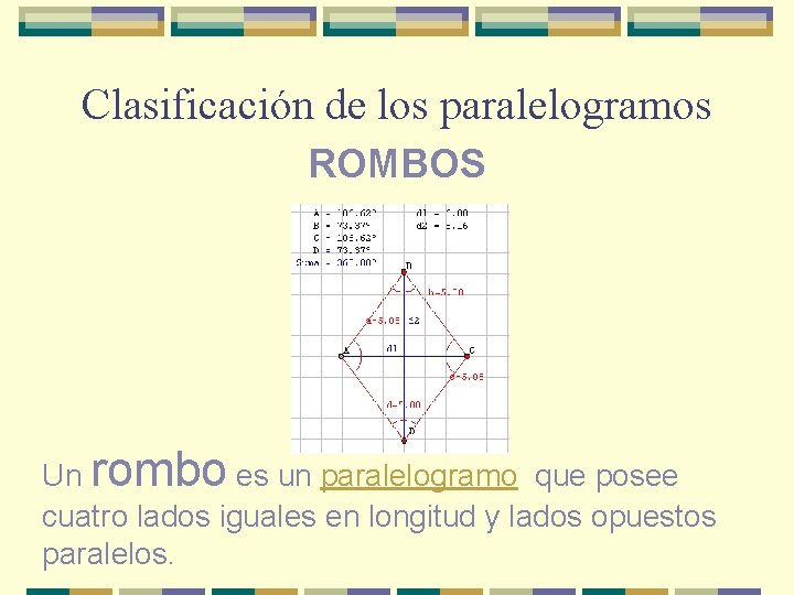 Clasificación de los paralelogramos ROMBOS Un rombo es un paralelogramo que posee cuatro lados