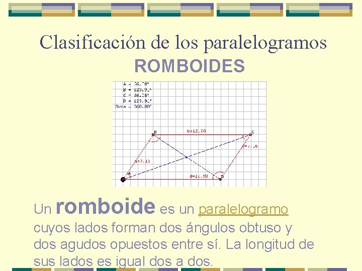 Clasificación de los paralelogramos ROMBOIDES Un romboide es un paralelogramo cuyos lados forman dos