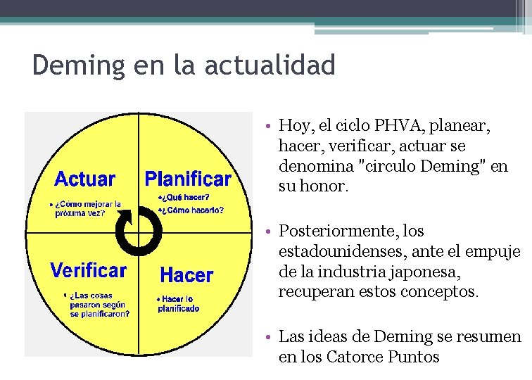 Deming en la actualidad • Hoy, el ciclo PHVA, planear, hacer, verificar, actuar se