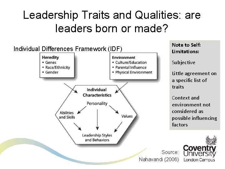 Leadership Traits and Qualities: are leaders born or made? Individual Differences Framework (IDF) Note