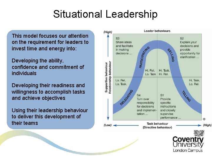Situational Leadership This model focuses our attention on the requirement for leaders to invest