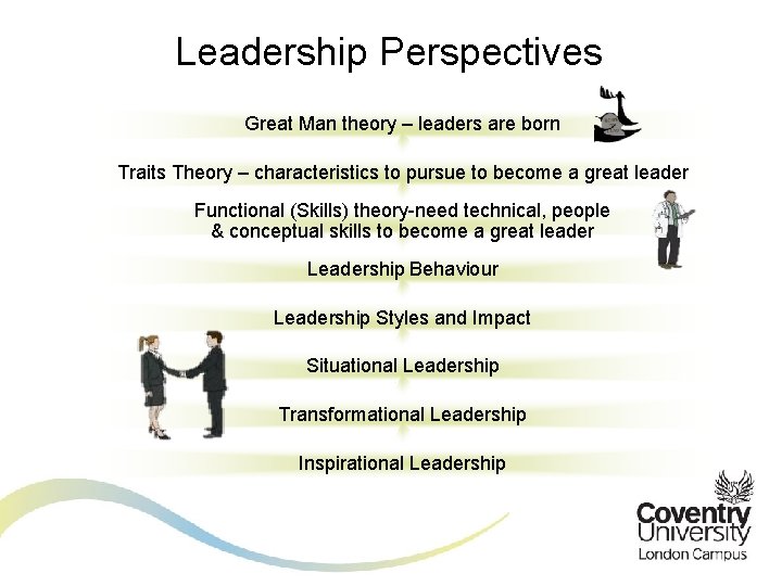 Leadership Perspectives Great Man theory – leaders are born Traits Theory – characteristics to