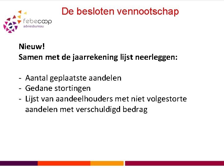 De besloten vennootschap Nieuw! Samen met de jaarrekening lijst neerleggen: - Aantal geplaatste aandelen