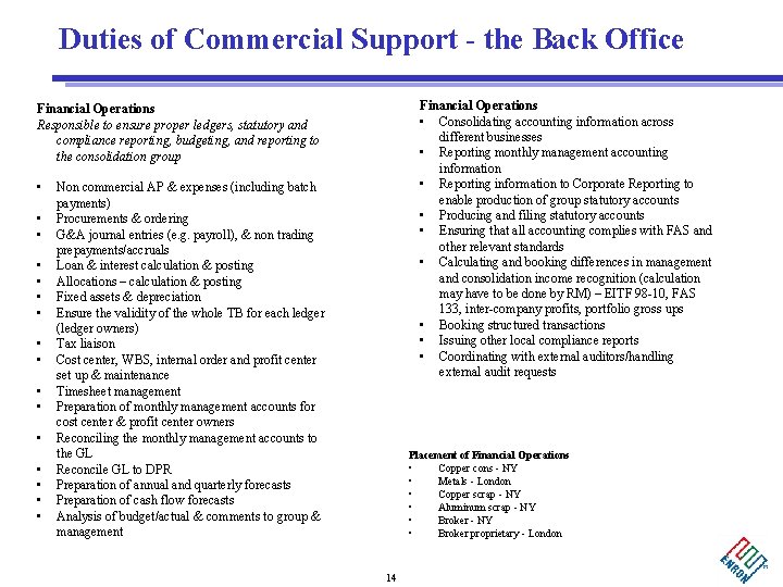 Duties of Commercial Support - the Back Office Financial Operations • Consolidating accounting information