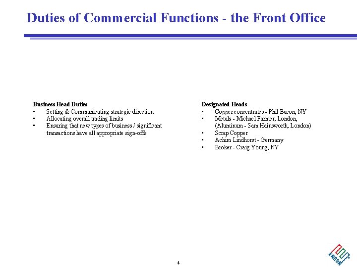 Duties of Commercial Functions - the Front Office Business Head Duties • Setting &