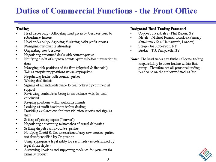 Duties of Commercial Functions - the Front Office Trading • Head trader only -