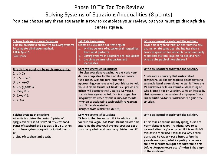 Phase 10 Tic Tac Toe Review Solving Systems of Equations/Inequalities (8 points) You can