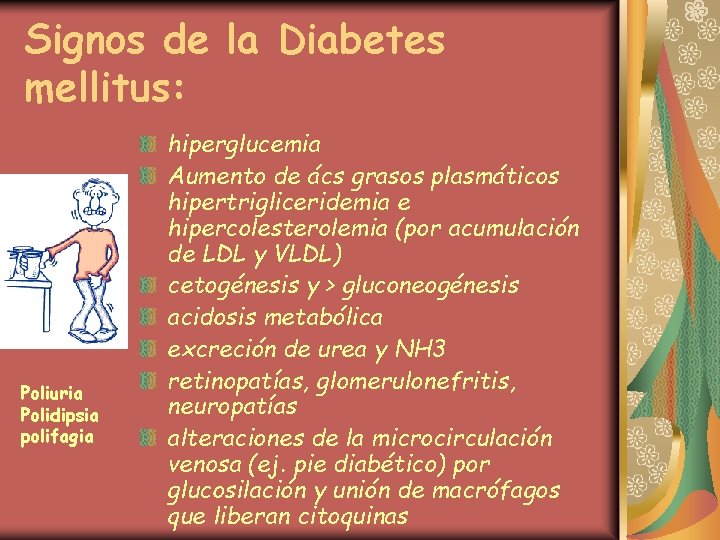 Signos de la Diabetes mellitus: Poliuria Polidipsia polifagia hiperglucemia Aumento de ács grasos plasmáticos