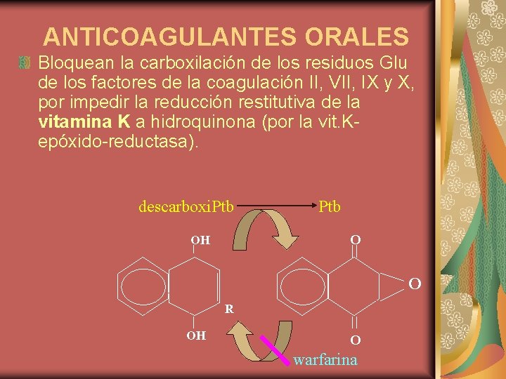 ANTICOAGULANTES ORALES Bloquean la carboxilación de los residuos Glu de los factores de la