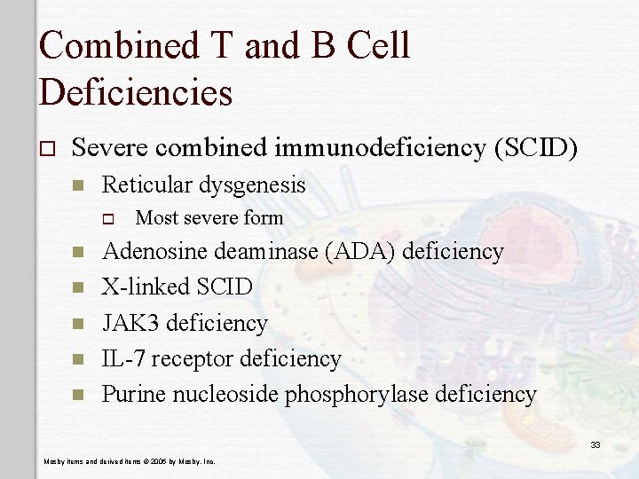 Combined T and B Cell Deficiencies o Severe combined immunodeficiency (SCID) n Reticular dysgenesis