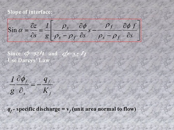 Slope of interface: Since and Use Darcys’ Law qf - specific discharge = vf