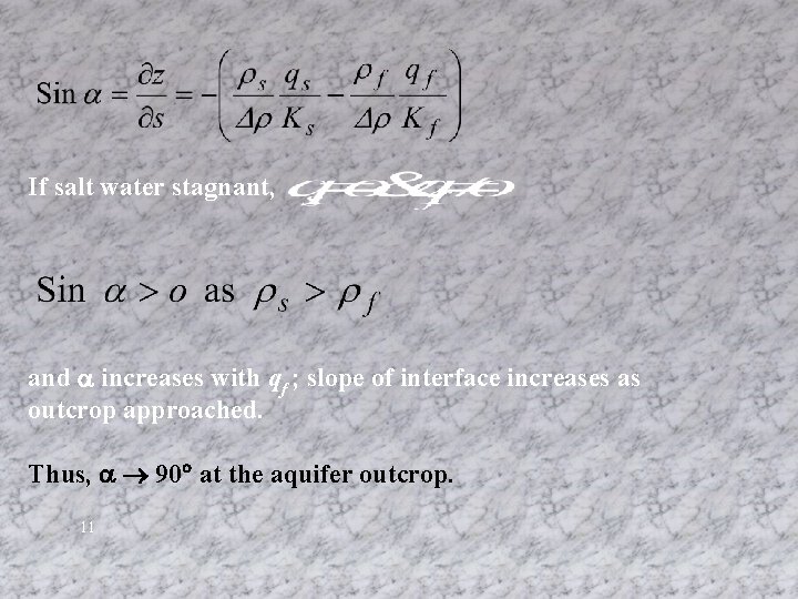  If salt water stagnant, and increases with qf ; slope of interface increases