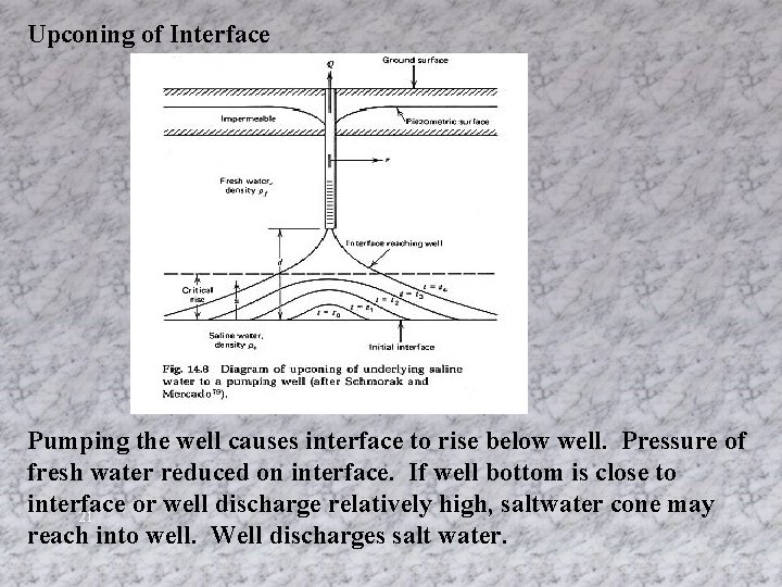 Upconing of Interface Pumping the well causes interface to rise below well. Pressure of