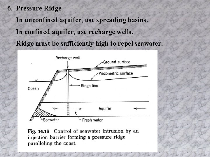 6. Pressure Ridge In unconfined aquifer, use spreading basins. In confined aquifer, use recharge