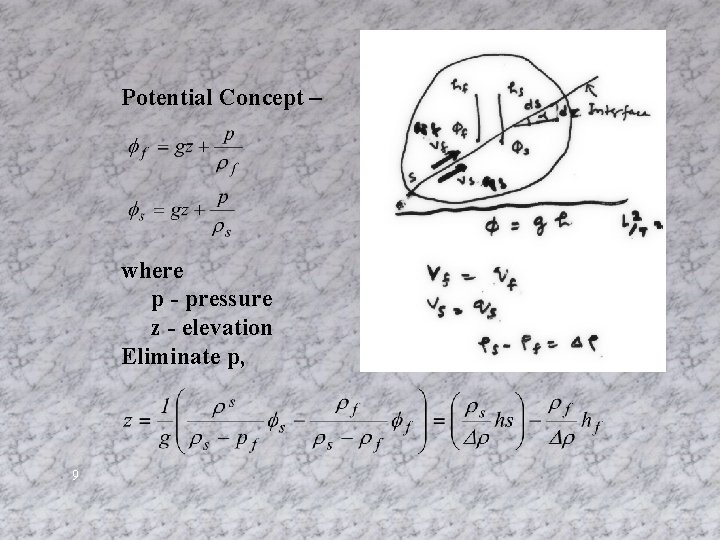 Potential Concept – where p - pressure z - elevation Eliminate p, 9 