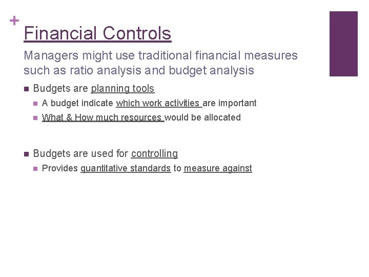 + Financial Controls Managers might use traditional financial measures such as ratio analysis and