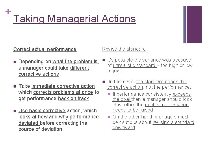+ Taking Managerial Actions Correct actual performance n Depending on what the problem is,