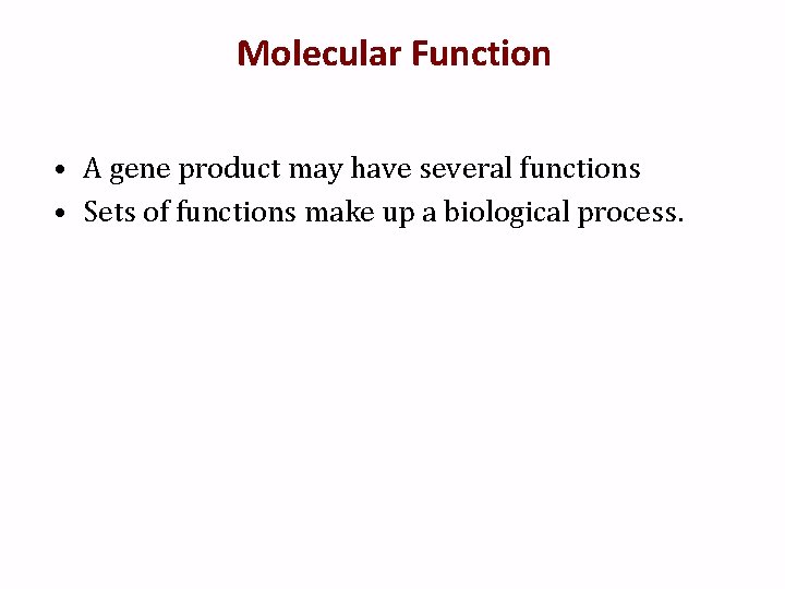 Molecular Function • A gene product may have several functions • Sets of functions