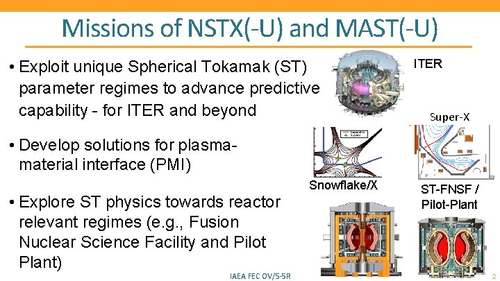 Missions of NSTX(-U) and MAST(-U) • Exploit unique Spherical Tokamak (ST) parameter regimes to