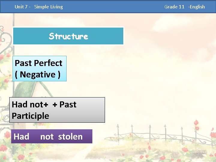  Unit 7 - Simple Living Structure Past Perfect ( Negative ) Had not+