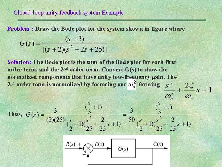 Closed-loop unity feedback system Example Problem : Draw the Bode plot for the system