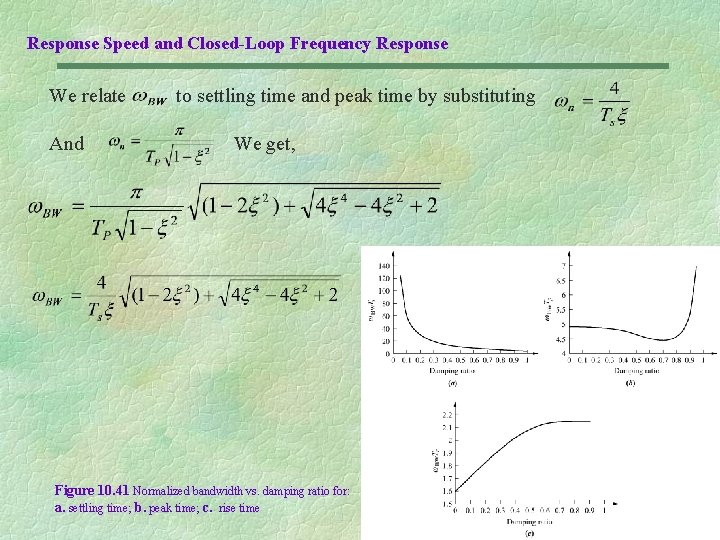 Response Speed and Closed-Loop Frequency Response We relate And to settling time and peak