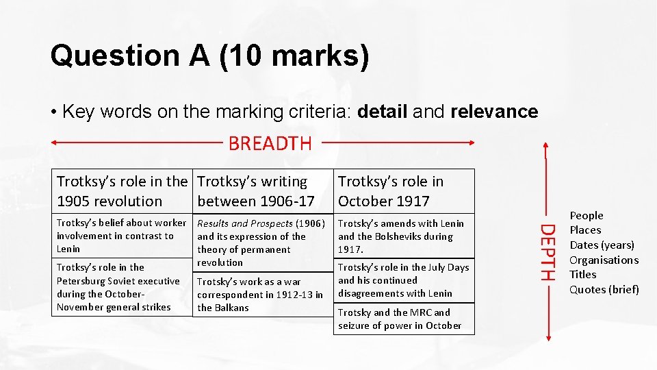 Question A (10 marks) • Key words on the marking criteria: detail and relevance Question A (10 marks) • Key words on the marking criteria: detail and relevance