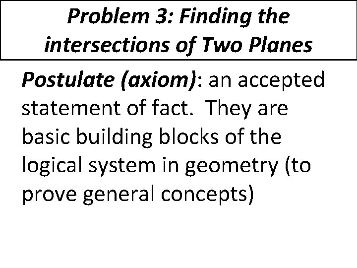 Problem 3: Finding the intersections of Two Planes Postulate (axiom): an accepted statement of