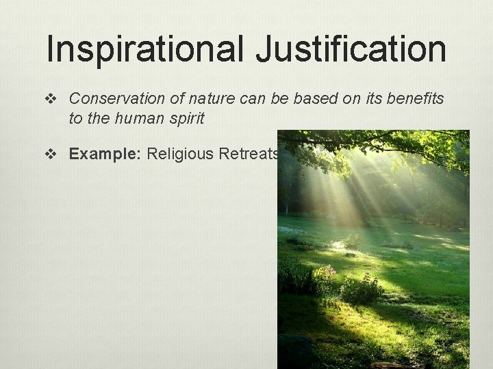 Inspirational Justification v Conservation of nature can be based on its benefits to the