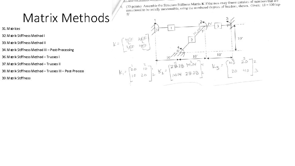 Matrix Methods 31. Matrices 32. Matrix Stiffness Method I 33. Matrix Stiffness Method II