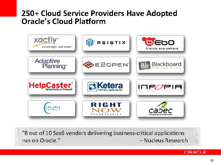 250+ Cloud Service Providers Have Adopted Oracle’s Cloud Platform “ 8 out of 10 250+ Cloud Service Providers Have Adopted Oracle’s Cloud Platform “ 8 out of 10