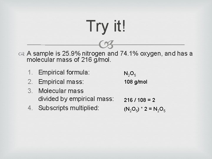 Try it! A sample is 25. 9% nitrogen and 74. 1% oxygen, and has