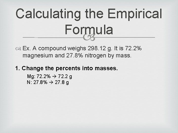 Calculating the Empirical Formula Ex. A compound weighs 298. 12 g. It is 72.