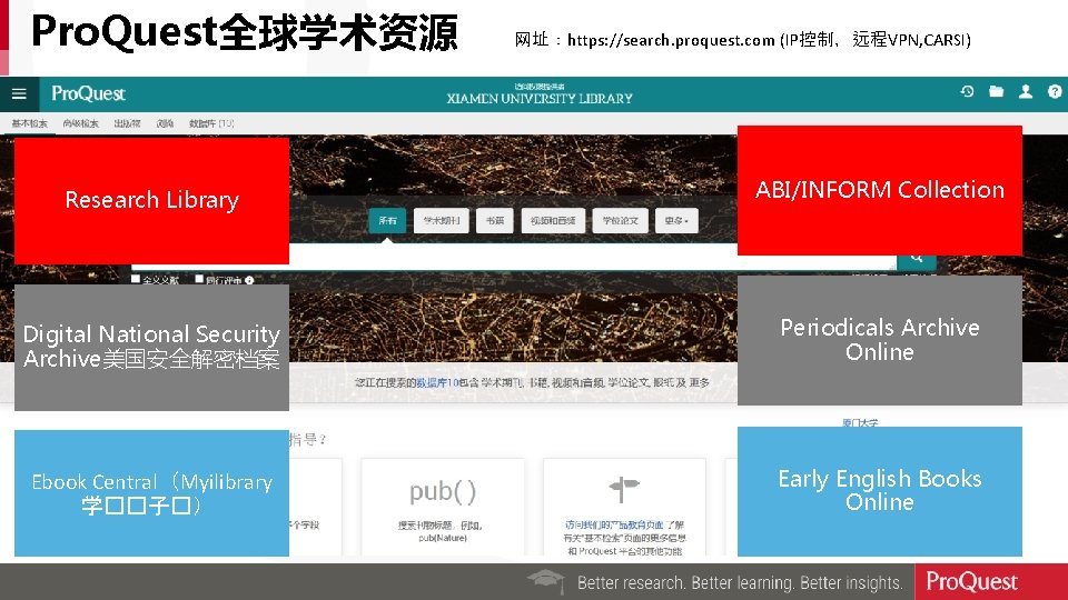 Pro. Quest全球学术资源 网址：https: //search. proquest. com (IP控制，远程VPN, CARSI) Research Library ABI/INFORM Collection Digital National